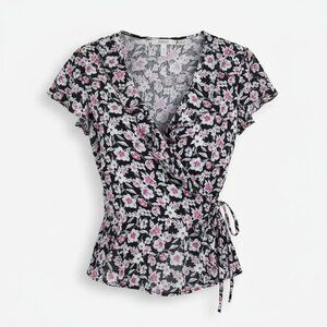 Floral Wrap Blouse Womens Medium Black V Neck Banana Republic
